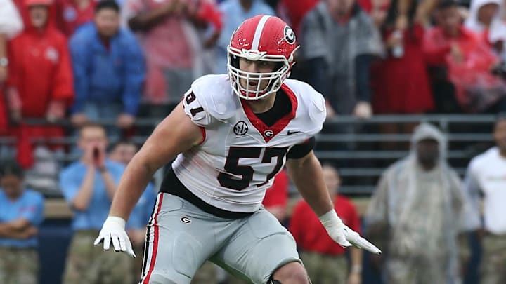 Nov 9, 2024; Oxford, Mississippi, USA; Georgia Bulldogs offensive lineman Monroe Freeling (57) blocks during the first half against the Mississippi Rebels at Vaught-Hemingway Stadium. Mandatory Credit: Petre Thomas-Imagn Images
