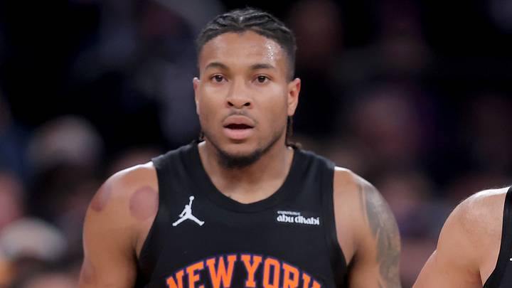 Apr 28, 2026; New York, New York, USA; New York Knicks guards Miles McBride (2) and Jalen Brunson (11) react during the first quarter of game five of the first round of the 2026 NBA Playoffs against the Atlanta Hawks at Madison Square Garden. Mandatory Credit: Brad Penner-Imagn Images
