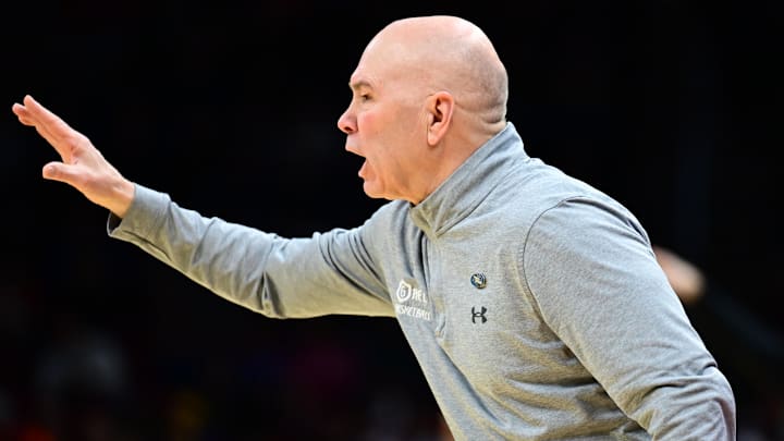 Mar 21, 2025; Cleveland, OH, USA; St. Mary's Gaels head coach Randy Bennett reacts in the first half against the Vanderbilt Commodores at Rocket Arena. Mandatory Credit: Ken Blaze-Imagn Images