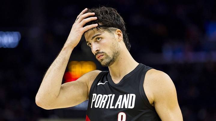 Oct 8, 2025; San Francisco, California, USA;  Portland Trail Blazers forward Deni Avdija (8) reacts during the second quarter against the Golden State Warriors at Chase Center. Mandatory Credit: John Hefti-Imagn Images