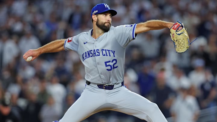 Oct 5, 2024; Bronx, New York, USA; Kansas City Royals pitcher Michael Wacha (52) throws a pitch during the second inning New York Yankees during game one of the ALDS for the 2024 MLB Playoffs at Yankee Stadium. Mandatory Credit: Brad Penner-Imagn Images
