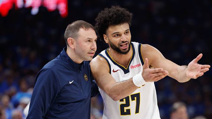 May 18, 2025; Oklahoma City, Oklahoma, USA; Denver Nuggets guard Jamal Murray (27) talks to Denver Nuggets head coach David Adelman after a play against the Oklahoma City Thunder in the second quarter during game seven of the second round for the 2025 NBA Playoffs at Paycom Center. Mandatory Credit: Alonzo Adams-Imagn Images