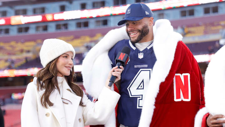 Dallas Cowboys quarterback Dak Prescott is interviewed by Kay Adams after the game against the Washington Commanders