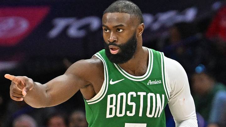 Apr 26, 2026; Philadelphia, Pennsylvania, USA; Boston Celtics guard Jaylen Brown (7) reacts after making a three point basket against the Philadelphia 76ers during the second half at Xfinity Mobile Arena. Mandatory Credit: Eric Hartline-Imagn Images Apr 26, 2026; Philadelphia, Pennsylvania, USA; Boston Celtics guard Jaylen Brown (7) reacts after making a three point basket against the Philadelphia 76ers during the second half at Xfinity Mobile Arena. Mandatory Credit: Eric Hartline-Imagn Images