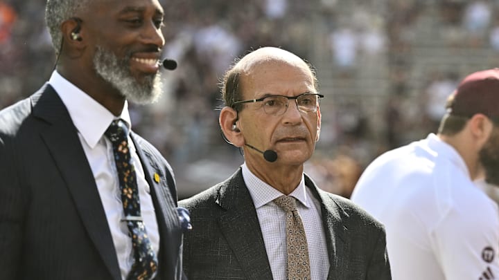 Sep 23, 2023; College Station, Texas, USA; SEC Nation Roman Harper (left) and Paul Finebaum (right) speak on the sideline during pre-game between the Texas A&M Aggies and the Auburn Tigers at Kyle Field. Mandatory Credit: Maria Lysaker-Imagn Images Sep 23, 2023; College Station, Texas, USA; SEC Nation Roman Harper (left) and Paul Finebaum (right) speak on the sideline during pre-game between the Texas A&M Aggies and the Auburn Tigers at Kyle Field. Mandatory Credit: Maria Lysaker-Imagn Images