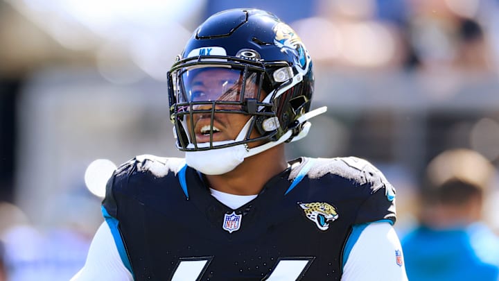 Jacksonville Jaguars linebacker Travon Walker (44) warms up before an NFL football matchup Sunday, Nov. 19, 2023 at EverBank Stadium in Jacksonville, Fla. The Jacksonville Jaguars defeated the Tennessee Titans 34-14. [Corey Perrine/Florida Times-Union]
