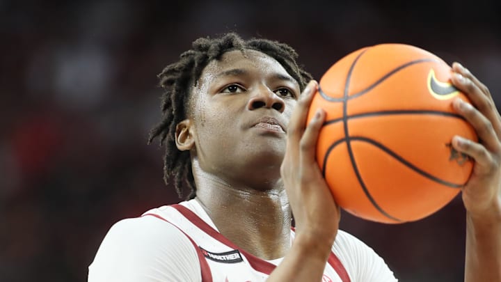 Feb 22, 2025; Fayetteville, Arkansas, USA; Arkansas Razorbacks forward Adou Thiero (3) shoots a free-throw during the second half against the Missouri Tigers at Bud Walton Arena. Mandatory Credit: Nelson Chenault-Imagn Images