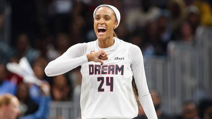 Oct 4, 2026; Atlanta, Georgia, USA; Atlanta Dream forward DeWanna Bonner (24) reacts after a basket against the New York Liberty in the first quarter during game one of the second round for the 2026 WNBA Playoffs at State Farm Arena. Mandatory Credit: Brett Davis-Imagn Images