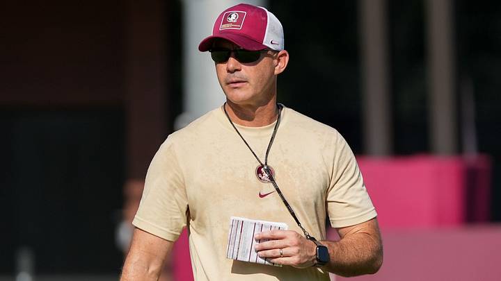 Florida State head coach Mike Norvell watches as players put in work during practice with the first home game just a few weeks away, Thursday, Aug. 13, 2026. Florida State head coach Mike Norvell watches as players put in work during practice with the first home game just a few weeks away, Thursday, Aug. 13, 2026.