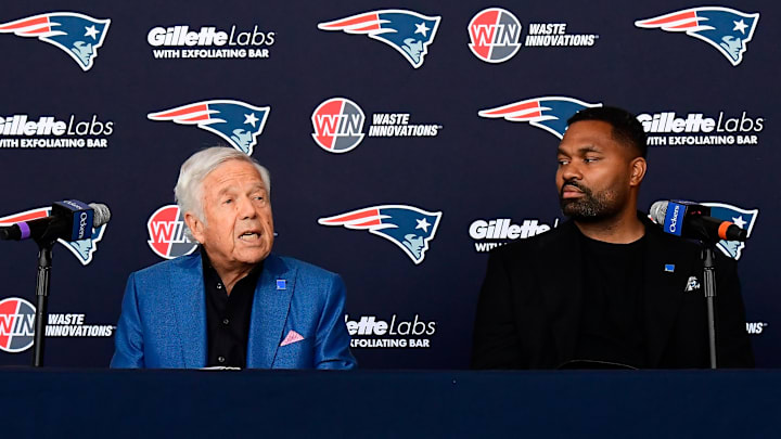 Jan 17, 2024; Foxborough, MA, USA; New England Patriots owner Robert Kraft  (left) announces the