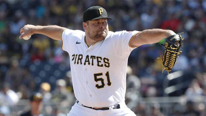 Jul 30, 2023; Pittsburgh, Pennsylvania, USA; Pittsburgh Pirates relief pitcher David Bednar (51) pitches against the Philadelphia Phillies during the ninth inning at PNC Park.
