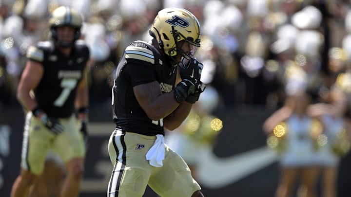 Purdue Boilermakers linebacker Mani Powell (16) celebrates a sack Purdue Boilermakers linebacker Mani Powell (16) celebrates a sack