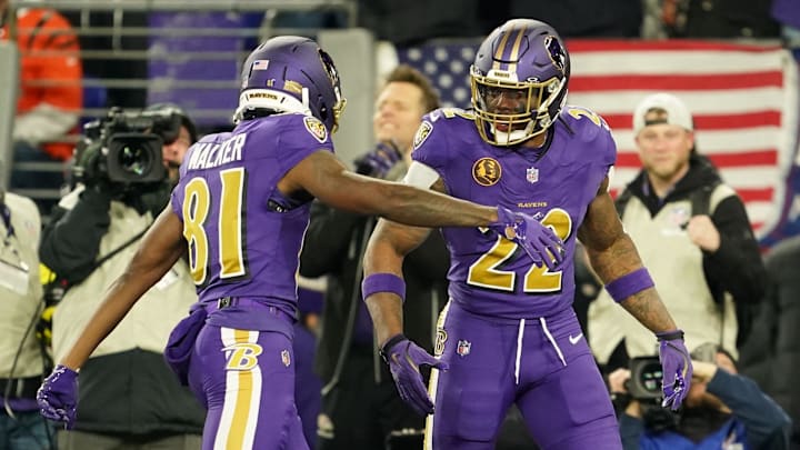 Nov 27, 2025; Baltimore, Maryland, USA; Baltimore Ravens running back Derrick Henry (22) reacts after scoring a touchdown against the Cincinnati Bengals during the first half at M&T Bank Stadium. Mandatory Credit: Mitch Stringer-Imagn Images