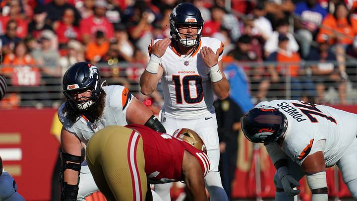 Aug 9, 2025; Santa Clara, California, USA; Denver Broncos quarterback Bo Nix (10) calls out signs in the first quarter against the San Francisco 49ers at Levi's Stadium. Aug 9, 2025; Santa Clara, California, USA; Denver Broncos quarterback Bo Nix (10) calls out signs in the first quarter against the San Francisco 49ers at Levi's Stadium.