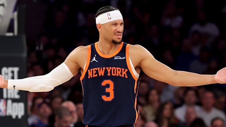 Apr 21, 2025; New York, New York, USA; New York Knicks guard Josh Hart (3) reacts during the third quarter of game two of the first round of the 2024 NBA Playoffs against the Detroit Pistons at Madison Square Garden. Mandatory Credit: Brad Penner-Imagn Images