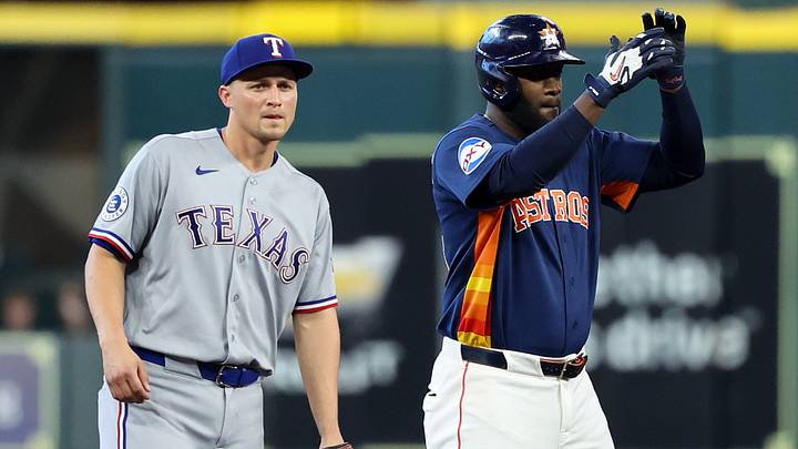 Houston Astros left fielder Yordan Alvarez (44) reacts to his double against the Texas Rangers. Houston Astros left fielder Yordan Alvarez (44) reacts to his double against the Texas Rangers.