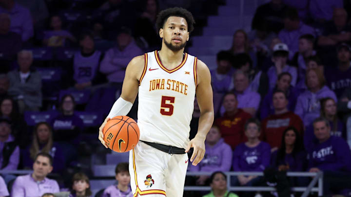 Feb 1, 2026; Manhattan, Kansas, USA; Iowa State Cyclones forward Joshua Jefferson (5) brings the ball up court during the second half against the Kansas State Wildcats at Bramlage Coliseum. 
