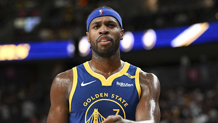 Oct 15, 2024; Las Vegas, Nevada, USA; Golden State Warriors guard Buddy Hield (7) looks on against the Los Angeles Lakers in the second quarter during a preseason game at T-Mobile Arena. Mandatory Credit: Candice Ward-Imagn Images Oct 15, 2024; Las Vegas, Nevada, USA; Golden State Warriors guard Buddy Hield (7) looks on against the Los Angeles Lakers in the second quarter during a preseason game at T-Mobile Arena. Mandatory Credit: Candice Ward-Imagn Images