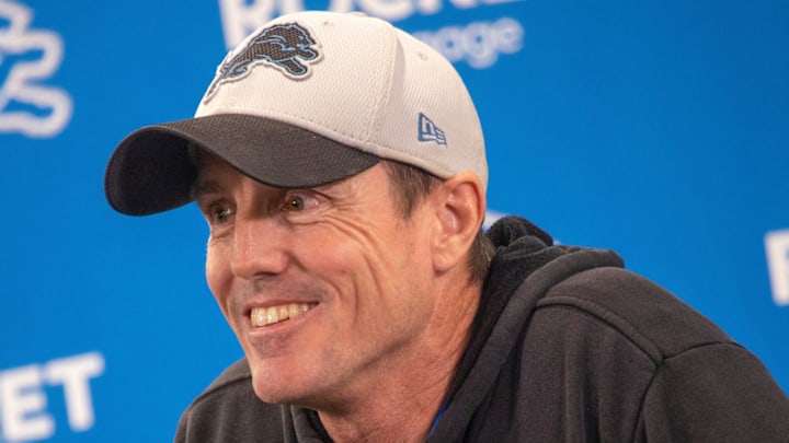 Detroit Lions special teams coordinator Dave Fipp speaks to the media before practice at Allen Park Performance Center