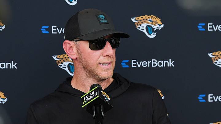 Jacksonville Jaguars Head Coach Liam Coen answers questions after the Jacksonville Jaguars eighth day of NFL Training Camp at the Miller Electric Center in Jacksonville, Fla., Friday, August 7, 2026.    [Doug Engle/Florida Times-Union]