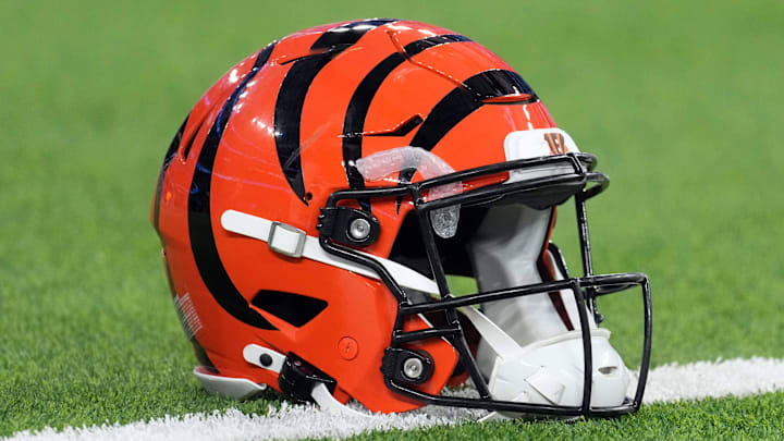 Nov 17, 2024; Inglewood, California, USA; A Cincinnati Bengals Riddell Speedflex helmet on the field at SoFi Stadium. Mandatory Credit: Kirby Lee-Imagn Images