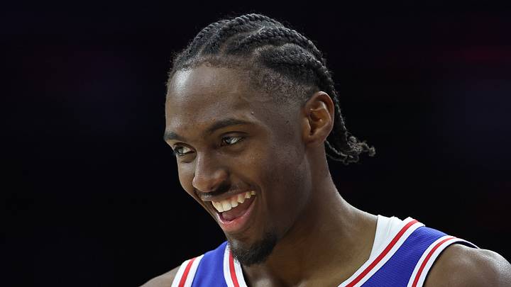 Philadelphia, Pennsylvania, USA; Philadelphia 76ers guard Tyrese Maxey (0) reacts during the third quarter against the Chicago Bulls at Wells Fargo Center on February 24, 2025. Philadelphia, Pennsylvania, USA; Philadelphia 76ers guard Tyrese Maxey (0) reacts during the third quarter against the Chicago Bulls at Wells Fargo Center on February 24, 2025.