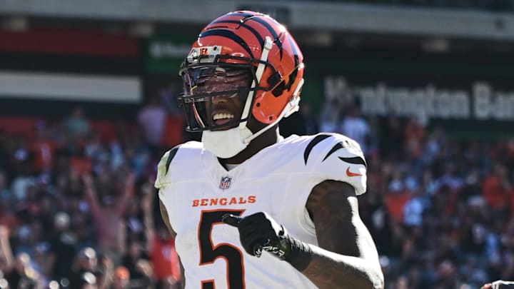 Oct 20, 2024; Cleveland, Ohio, USA; Cincinnati Bengals wide receiver Tee Higgins (5) scores a touchdown during the second half against the Cleveland Browns at Huntington Bank Field. Mandatory Credit: Ken Blaze-Imagn Images