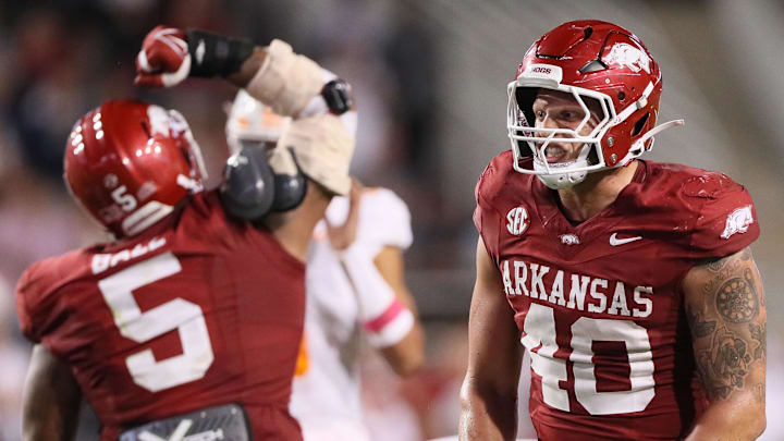 Arkansas Razorbacks defensive lineman Landon Jackson (40) celebrates after a play in the second half against the Tennessee Volunteers at Razorback Stadium in Fayetteville, Ark.