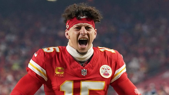 Jan 26, 2025; Kansas City, MO, USA; Kansas City Chiefs quarterback Patrick Mahomes (15) reacts before the AFC Championship game against the Buffalo Bills at GEHA Field at Arrowhead Stadium. Mandatory Credit: Denny Medley-Imagn Images