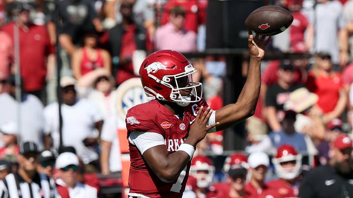 Arkansas Razorbacks quarterback KJ Jackson (7) passes the ball against the Georgia Bulldogs during the first half at Razorback Stadium. Arkansas Razorbacks quarterback KJ Jackson (7) passes the ball against the Georgia Bulldogs during the first half at Razorback Stadium.