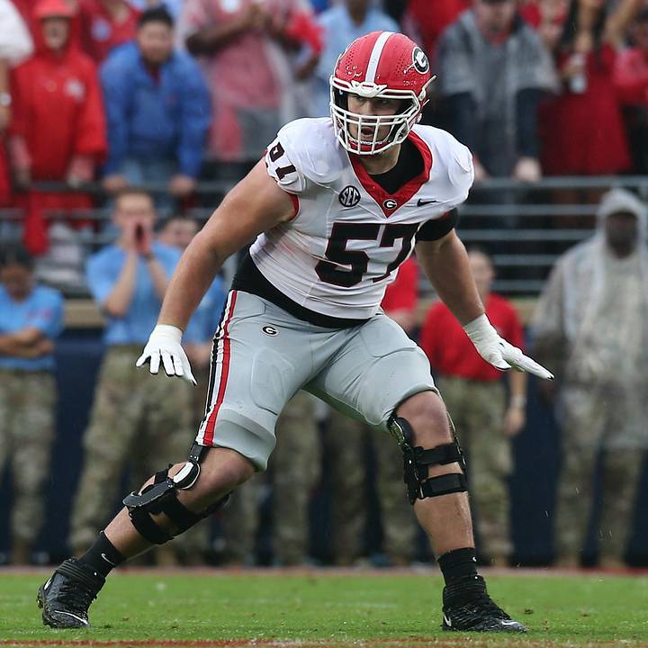 Georgia Bulldogs offensive lineman Monroe Freeling (57) blocks during the first half against the Mississippi Rebels Georgia Bulldogs offensive lineman Monroe Freeling (57) blocks during the first half against the Mississippi Rebels