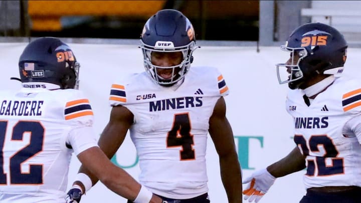 UTEP wide receiver Kelly Akharaiyi (4) celebrates his touchdown against Middle Tennessee with UTEP teammates during a game at MTSU in Murfreesboro, Tenn. on Saturday, Nov 18, 2023. UTEP wide receiver Kelly Akharaiyi (4) celebrates his touchdown against Middle Tennessee with UTEP teammates during a game at MTSU in Murfreesboro, Tenn. on Saturday, Nov 18, 2023.