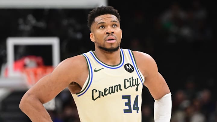 Mar 4, 2026; Milwaukee, Wisconsin, USA; Milwaukee Bucks forward Giannis Antetokounmpo (34) looks on in the fourth quarter against the Atlanta Hawks at Fiserv Forum. Mandatory Credit: Benny Sieu-Imagn Images