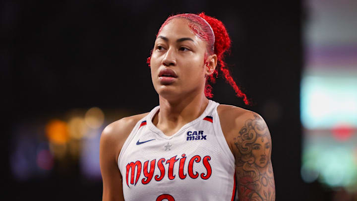 Aug 3, 2025; College Park, Georgia, USA; Washington Mystics forward Shakira Austin (0) in action against the Atlanta Dream in the first quarter at Gateway Center Arena at College Park. Mandatory Credit: Brett Davis-Imagn Images