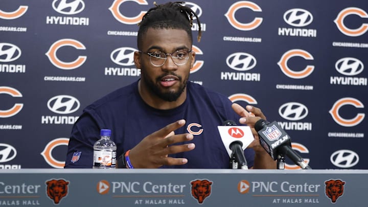 May 7, 2022; Lake Forest, IL, USA; Chicago Bears offensive tackle Braxton Jones speaks at a news conference during team's rookie minicamp at Halas Hall.