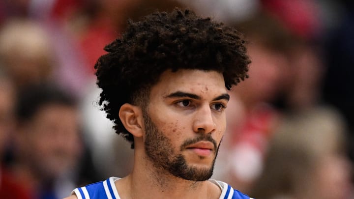 Jan 17, 2026; Stanford, California, USA; Duke Blue Devils forward Cameron Boozer (12) looks on against the Stanford Cardinal in the first half at Maples Pavilion. Mandatory Credit: Eakin Howard-Imagn Images