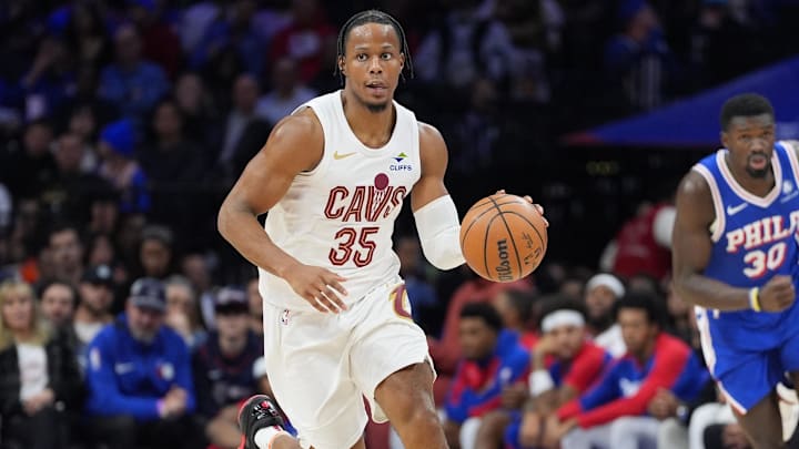 Nov 13, 2024; Philadelphia, Pennsylvania, USA; Cleveland Cavaliers forward Isaac Okoro (35) controls the ball against the Philadelphia 76ers in the third quarter at Wells Fargo Center. Mandatory Credit: Kyle Ross-Imagn Images