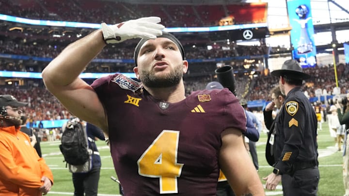 Arizona State running back Cam Skattebo (4) blows a kiss toward fans after Texas won 39-31 in double overtime in the Chick-fil-A Peach Bowl in Atlanta on Jan. 1, 2025.