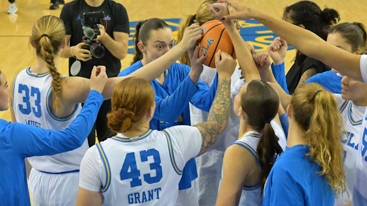 Dec 7, 2025; Los Angeles, California, USA;  UCLA Bruins plalyers huddle during the first half against the Oregon Ducks at Pauley Pavilion presented by Wescom Financial. Mandatory Credit: Jayne Kamin-Oncea-Imagn Images