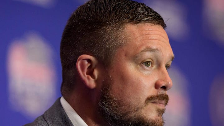 Oregon head coach Dan Lanning listens to a reporter’s question during the head coaches’ press conference ahead of the Peach Bowl at the College Football Hall of Fame in Atlanta, Georgia, on Jan. 8, 2026. Oregon head coach Dan Lanning listens to a reporter’s question during the head coaches’ press conference ahead of the Peach Bowl at the College Football Hall of Fame in Atlanta, Georgia, on Jan. 8, 2026.