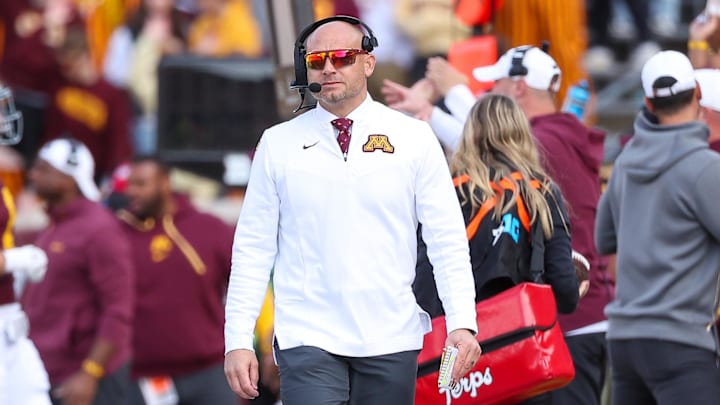 Oct 26, 2024; Minneapolis, Minnesota, USA; Minnesota Golden Gophers head coach P.J. Fleck looks on during the first half against the Maryland Terrapins at Huntington Bank Stadium.