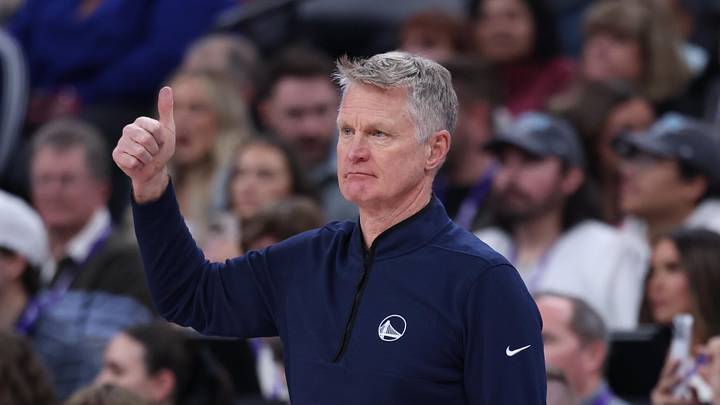 Jan 28, 2026; Salt Lake City, Utah, USA; Golden State Warriors head coach Steve Kerr reacts after a play against the Utah Jazz during the second half at Delta Center. Mandatory Credit: Rob Gray-Imagn Images