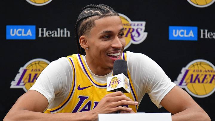 Sep 28, 2026; El Segundo, CA, USA; Los Angeles Lakers player Cameron Carr (43) during media day at UCLA Health Training Center.  Mandatory Credit: Gary A. Vasquez-Imagn Images