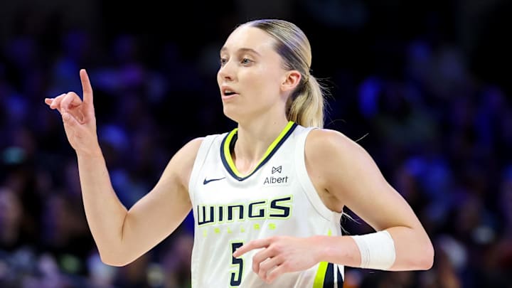 June 17, 2025; Arlington, Texas, USA;  Dallas Wings guard Paige Bueckers (5) reacts during the second half against the Golden State Valkyries at College Park Center. Mandatory Credit: Kevin Jairaj-Imagn Images