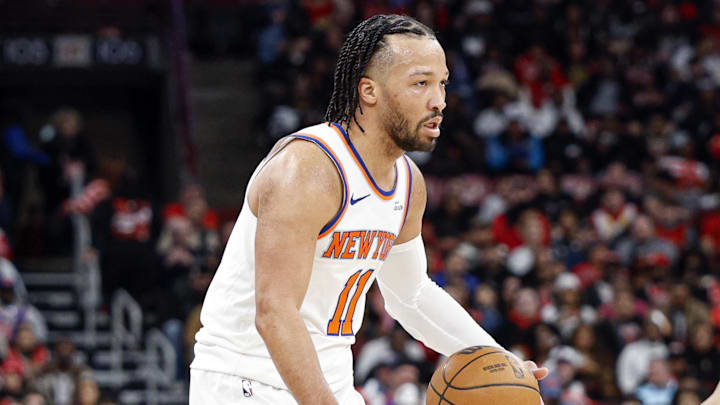 Feb 22, 2026; Chicago, Illinois, USA; New York Knicks guard Jalen Brunson (11) brings the ball up court against Chicago Bulls forward Isaac Okoro (35) during the first half at United Center. Mandatory Credit: Kamil Krzaczynski-Imagn Images Feb 22, 2026; Chicago, Illinois, USA; New York Knicks guard Jalen Brunson (11) brings the ball up court against Chicago Bulls forward Isaac Okoro (35) during the first half at United Center. Mandatory Credit: Kamil Krzaczynski-Imagn Images