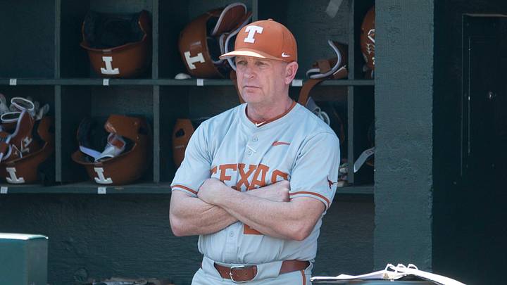 Texas Longhorns head coach Jim Schlossnagle watches as Auburn takes on Texas at Plainsman Park. 