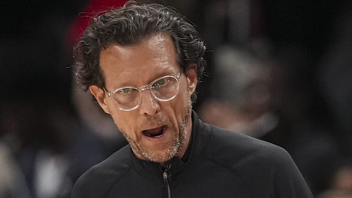 Atlanta Hawks head coach Quin Snyder reacts on the sideline during the game against the Cleveland Cavaliers during the second half at State Farm Arena on April 10, 2026.