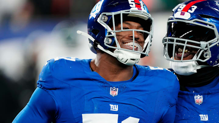 New York Giants linebacker Azeez Ojulari smiles during a win over the Philadelphia Eagles, Jan. 7, 2024.