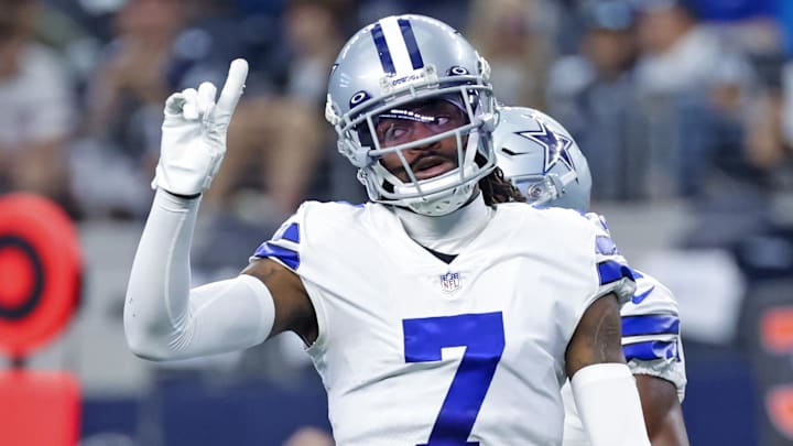 Oct 23, 2022; Arlington, Texas, USA; Dallas Cowboys cornerback Trevon Diggs (7) reacts during the first quarter against the Detroit Lions at AT&T Stadium. Mandatory Credit: Kevin Jairaj-Imagn Images Oct 23, 2022; Arlington, Texas, USA; Dallas Cowboys cornerback Trevon Diggs (7) reacts during the first quarter against the Detroit Lions at AT&T Stadium. Mandatory Credit: Kevin Jairaj-Imagn Images