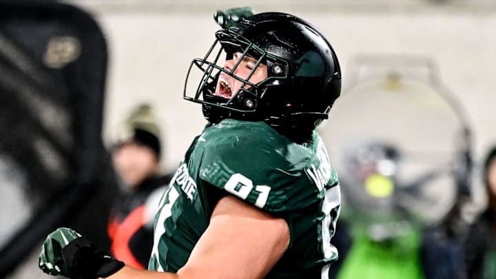 Michigan State's Alex VanSumeren celebrates after a sack against Purdue during the second quarter on Friday, Nov. 22, 2024, at Spartan Stadium in East Lansing.